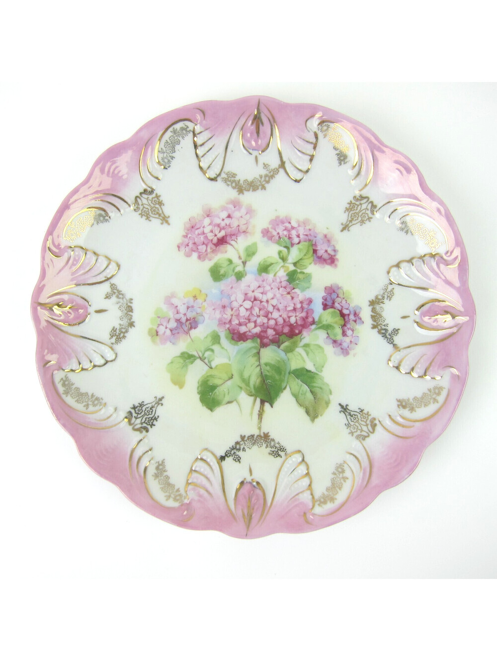 Antique Porcelain Plate Hydrangea Flowers Pink Rim Gold Accents 8" Ideal Germany